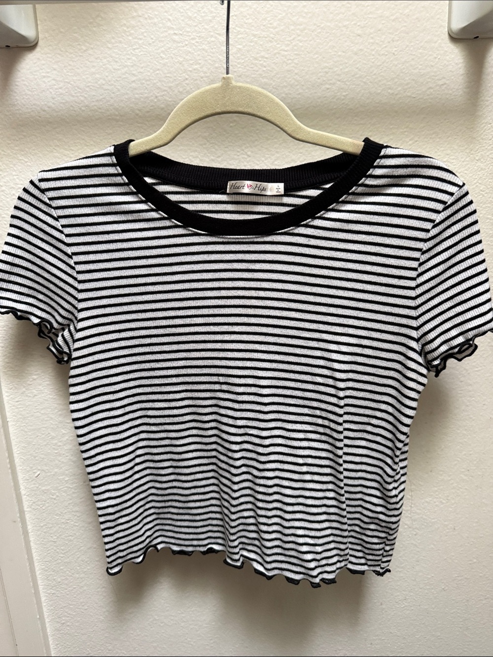 Heart Hips Black and White Striped Ruffled Hem Crop Top